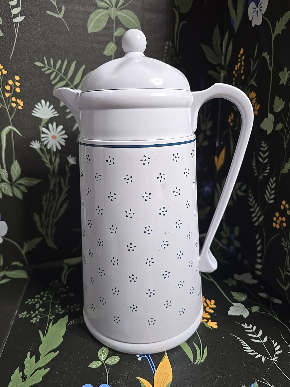 Vintage White Blue Print Insulated Thermos Bottle Carafe Pitcher w/ Lid A K Das
